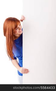 Beautiful Redhead Woman Holding White Sign