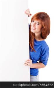 Beautiful Redhead Woman Holding White Sign