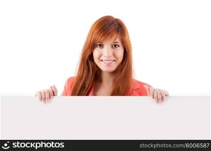 Beautiful Redhead Woman Holding White Sign