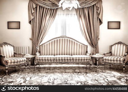 Beautiful retro interior design, luxury vintage style furniture, classic comfortable sofa and armchairs traditional set, marble floors, expensive design of house&#xA;