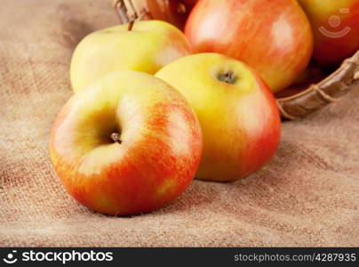 Beautiful ripe apples on a rough canvas