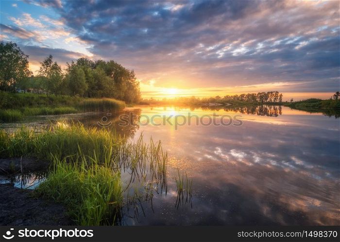 Beautiful river coast at sunset in summer. Colorful landscape with lake, green trees and grass, blue sky with multicolored clouds and orange sunlight reflected in water. Nature. Vibrant scenery