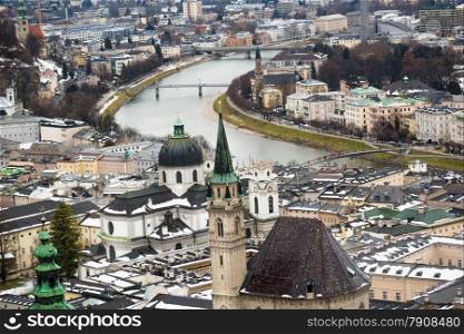 Beautiful river Salzach in Salzburg at cold winter day