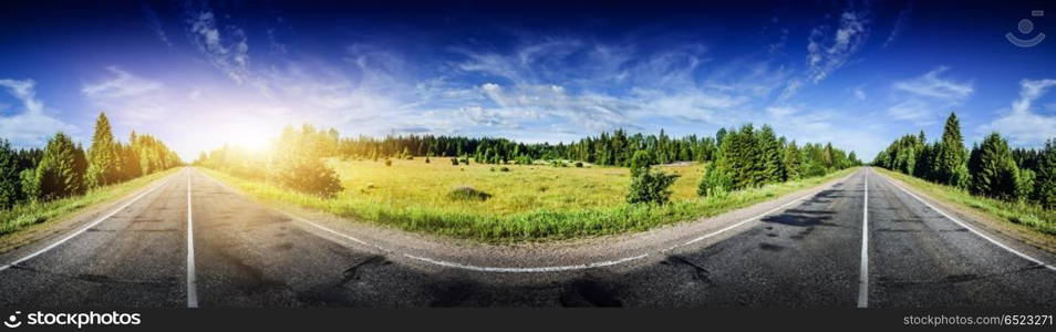 Beautiful road panorama. Beautiful road panorama in forest. Summer landscape. Beautiful road panorama