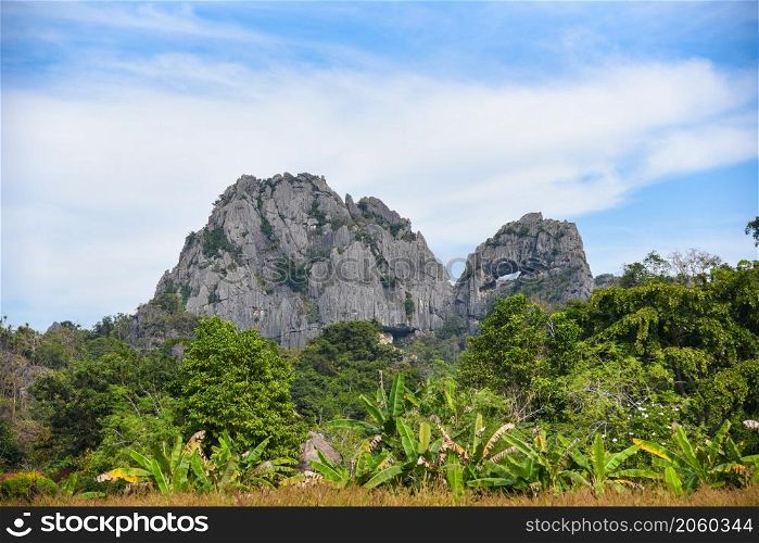 beautiful rocky mountains on blue sky background, nature stone mountains with plant tree in the park