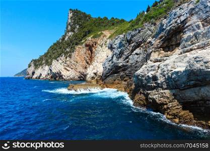 Beautiful rocky sea coast view from sea (Portovenere, near Cinque Terre, Liguria, Italy)