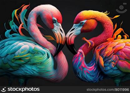 Beautiful romantic flamingos joining their heads in the shape of a heart. Generative AI