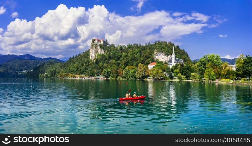 Beautiful romantic lake Bled in Slovenia. view with castle over the rock. Popular tourist destination