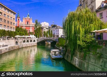 Beautiful romantic Ljubljana capital city of Slovenia with wonderful canals