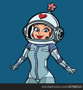 Beautiful romantic woman astronaut, pop art comic vector illustration. Love and red heart, Valentines day