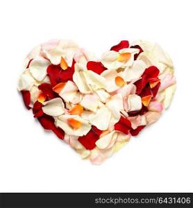 Beautiful rose petals in the shape of a loving heart as a piece of a valentines romance.