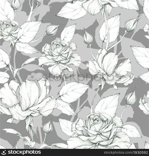 Beautiful roses. Hand drawn with simple pencil. Floral background. Seamless pattern.