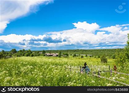 Beautiful rural landscape on a summer day, village Mihailovich, Kostroma oblast, Russia.