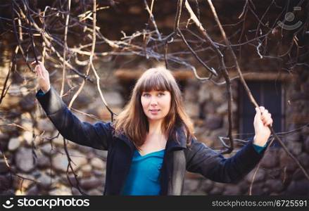 beautiful russian girl with brown hair, outdoor portrait