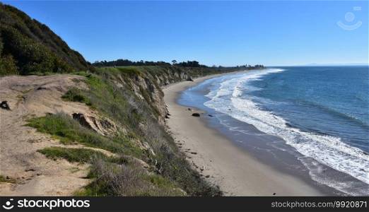 Beautiful sand beach and bluffs at Ellwood Beach in California.