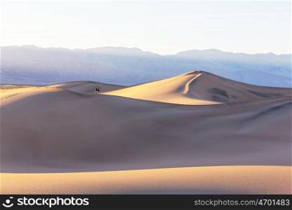 Beautiful sand dunes in desert at sunrise. Death Valley, Nevada, USA.