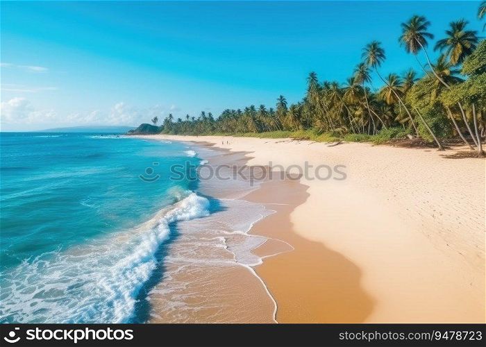 Beautiful sandy beach with turquoise ocean water, green palms. Ge≠rative AI