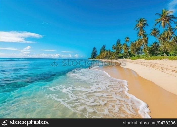 Beautiful sandy beach with turquoise ocean water, green palms. Generative AI