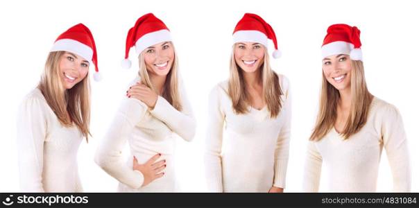 Beautiful Santa Claus woman collage, portrait of pretty female wearing red festive hat isolated on white background, Christmas holidays celebration, collection of four different poses&#xA;