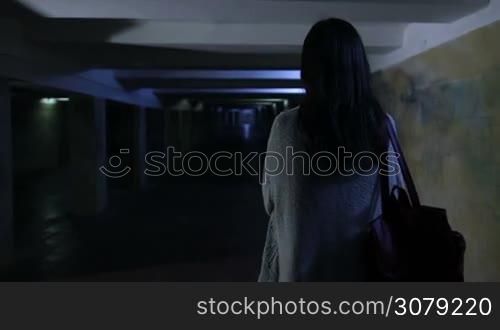 Beautiful scared woman, chased by stranger, screaming loud while walking alone through dim underground passage late at night. Frightened female shouting in dark underpass, petrified by unknown man. Slow motion. Steadicam stabilized shot.