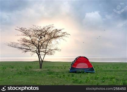 Beautiful scence camping tent near the lake and sky with clouds. big tree with blue sky
