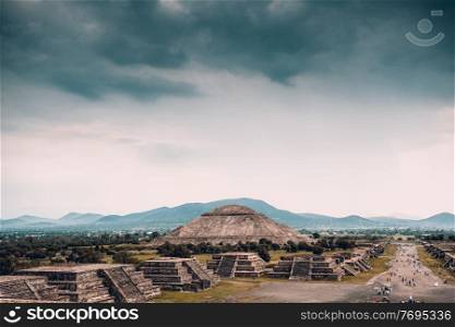 Beautiful Scene of an Ancient Ruins of Maya Pyramids. Pyramids of the Sun and the Moon. Old Aztec Civilization. Touristic Place. Teotihuacan. Mexico.. Pyramids of Mexico.