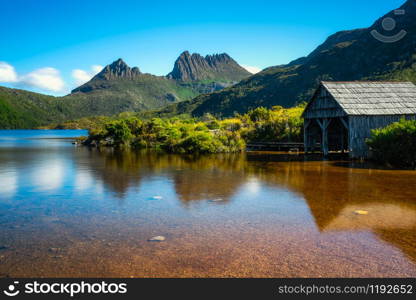 Beautiful scene of Cradle mountain peak from Dove lake in Cradle Mountain National Park, Tasmania, Australia.