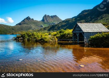 Beautiful scene of Cradle mountain peak from Dove lake in Cradle Mountain National Park, Tasmania, Australia.