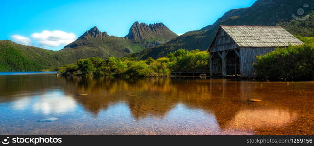 Beautiful scene of Cradle mountain peak from Dove lake in Cradle Mountain National Park, Tasmania, Australia.