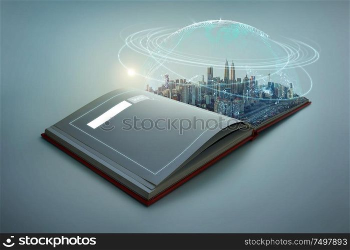 Beautiful scene of modern city skyline pop up in the open book pages with Global world telecommunication network connected around planet Earth .