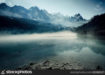 Beautiful scenery mountain landscape and mountain range in background with mist over the large lake. Natural tranquility with alpine concept. Superb Generative AI.. Beautiful scenery mountain landscape and lake