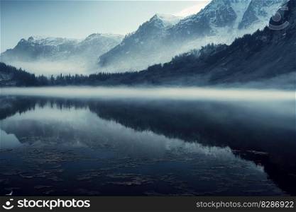 Beautiful scenery mountain landscape and mountain range in background with mist over the large lake. Natural tranquility with alpine concept. Superb Generative AI.. Beautiful scenery mountain landscape and lake