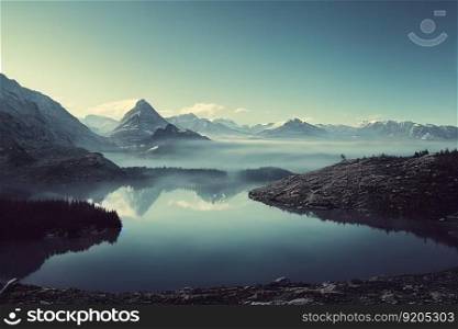 Beautiful scenery mountain landscape and mountain range in background with mist over the large lake. Natural tranquility with alpine concept. Superb Generative AI.. Beautiful scenery mountain landscape and lake