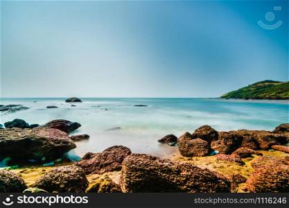Beautiful scenery of long expsoure at Anjuna Beach, Goa