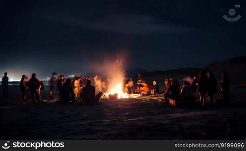 Beautiful scenery of night vision. bonfire around people. basking by the fire at night. the concept of outdoor activities. Generative ai illustration. . Beautiful scenery of night vision. bonfire around people. basking by the fire at night. the concept of outdoor activities. Generative ai. 