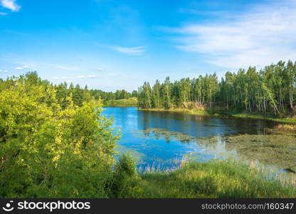 Beautiful scenery with a small lake on a sunny summer day, Russia.