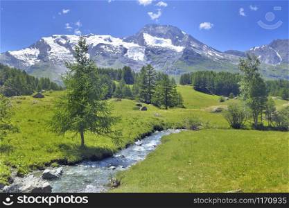 beautiful scenic ladscape in alpine mountain with glacier and greenery meadow with a little river