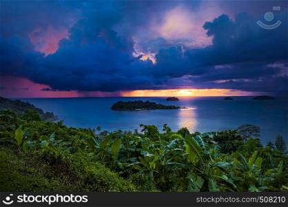 beautiful scenic of rain and storming cloud and sunset sky at koh chang island eastern of thailand