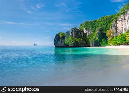 beautiful sea and sandy beach, a view of the sheer white cliffs of the island of Hong in Thailand