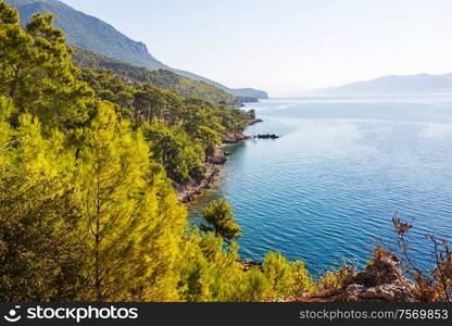 Beautiful sea coast in Turkey. Amazing natural landscapes along Lycian hiking way.