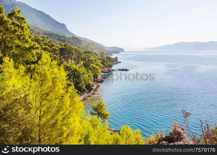 Beautiful sea coast in Turkey. Amazing natural landscapes along Lycian hiking way.