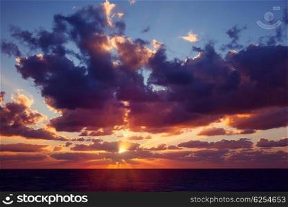 Beautiful sea landscape, dramatic sunset over water, amazing breathtaking view, panoramic scene of Mediterranean sea
