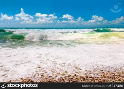 Beautiful sea landscape, surf beach destination, turquoise waves perfect for surfing, summer vacation