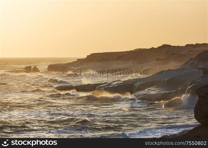 Beautiful sea shore in Cyprus at sunrise