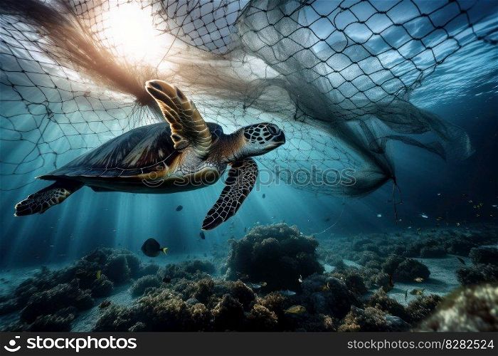 Beautiful sea turtle navigates a sea of plastic pollution  highlighting the impact of human activity on the natural world. The image is a call to action for environmental conservation. AI Generative.