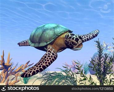 Beautiful sea turtle swimming in the sea among plants. Sea turtle in the sea - 3D render