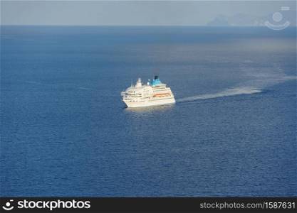 Beautiful sea view. Cruise at the sea near islands. Santorini island, Greece.