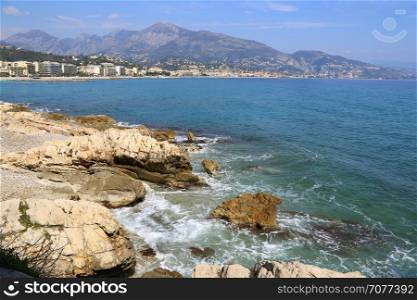 Beautiful sea view of Menton (border town with Italy near Monaco) on French Riviera from Cap Martin, France