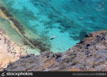 Beautiful sea view on the beach of the Gramvousa island from fortress on the top, Crete, Greece