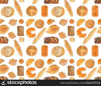 Beautiful seamless pattern of bread products isolated on white background